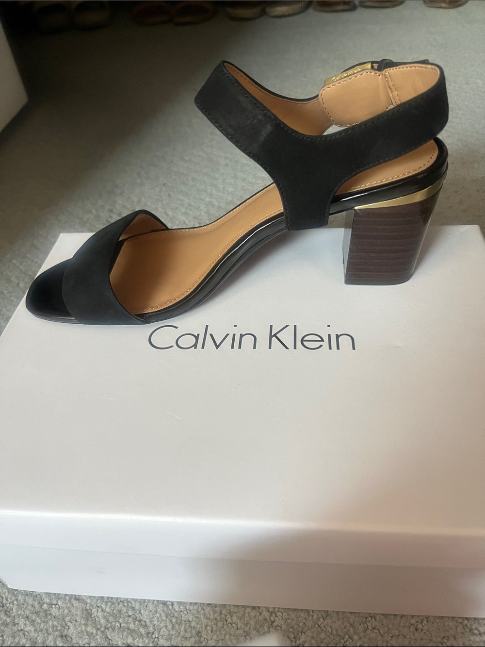 Calvin Klein Black Suede Open-Toe Block Heel Sandals with Gold Accent